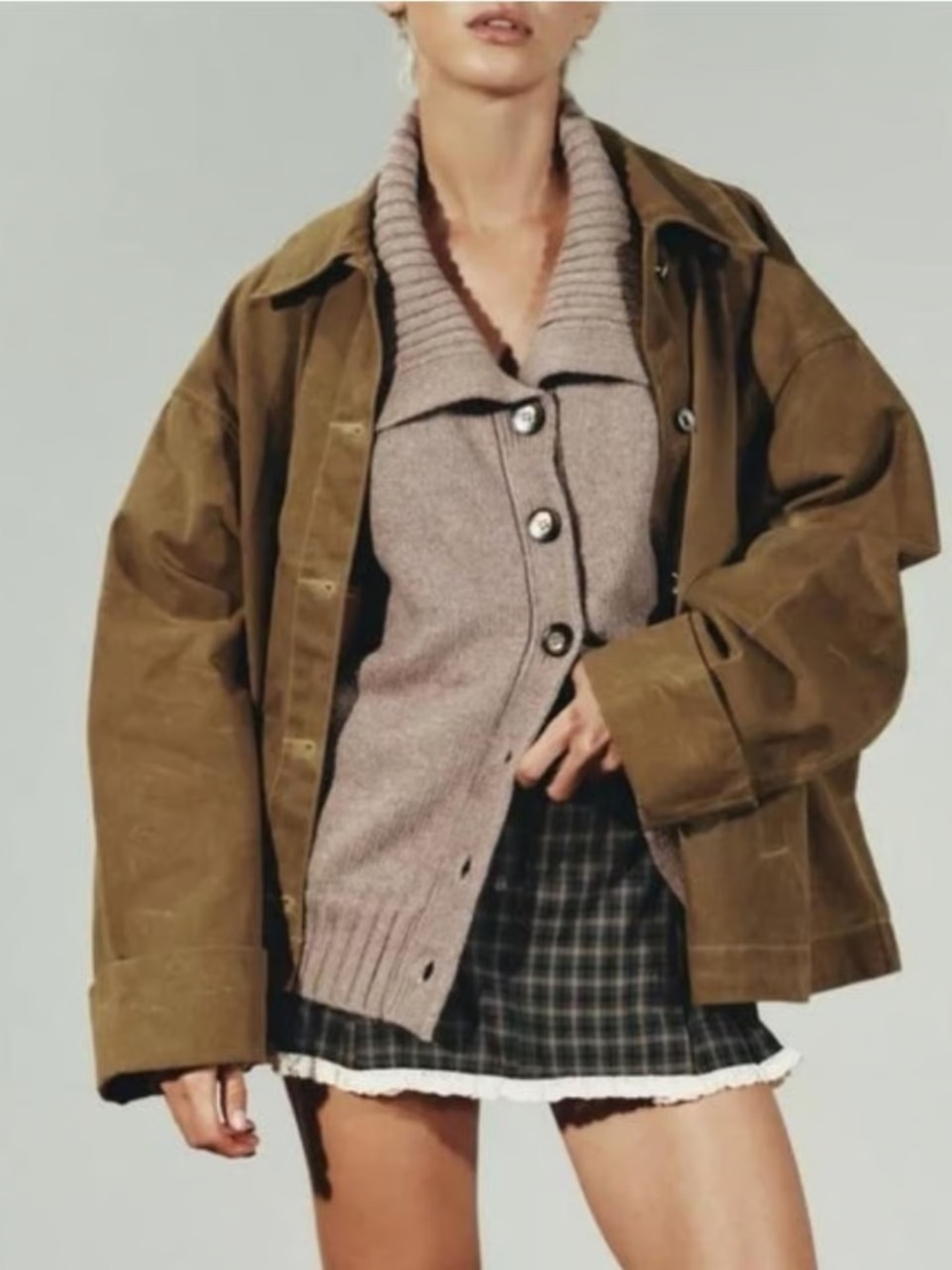 Zara Oversized Waxed Organic Cotton Collared Cape Jacket In Ochre Brown M-L
